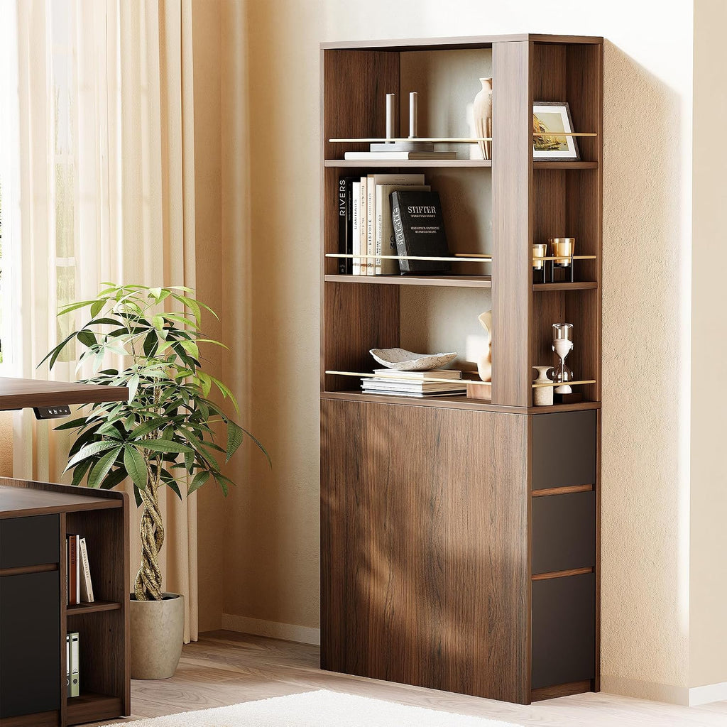 ModernMate 71' Tall Corner Bookshelf with 3 Drawers, Narrow Bookcase | 3-Tier Double-Sided Slim Bookcase for Small Space, Display Storage Shelves for Living Room, Home Office, Study, Black Walnut