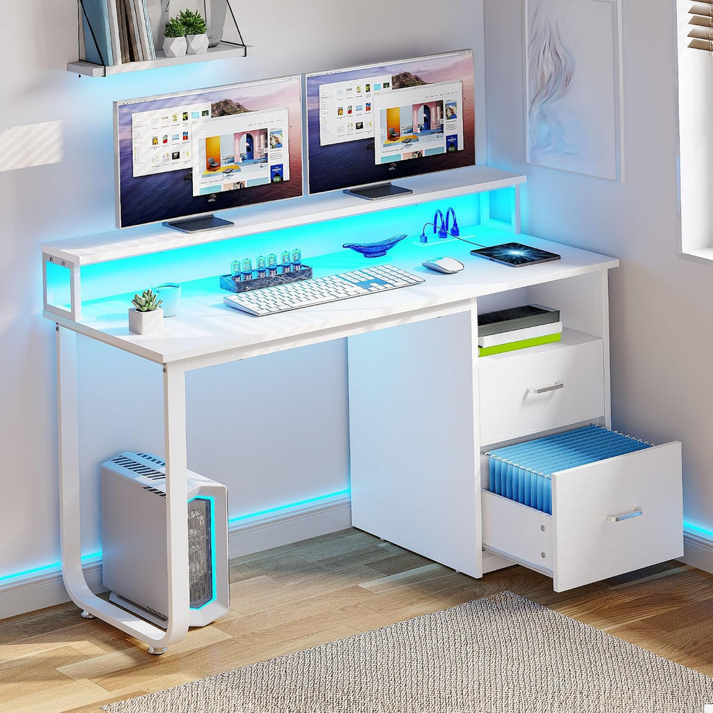 YITAHOME Computer Desk with Drawers, 47.2' Office Desk with Power Outlets & LED Light, Home Office Desk with Storage Shelves, White