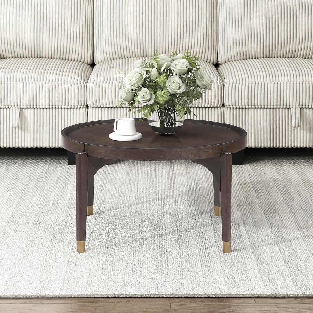 Lexicon Round Wood Coffee Table with Gold Metal Cap, 36' Dia. Mid Century Modern Round Birch Wood Veneer Accent Table for Contemporary Living Room, Easy Assembly, Dark Brown