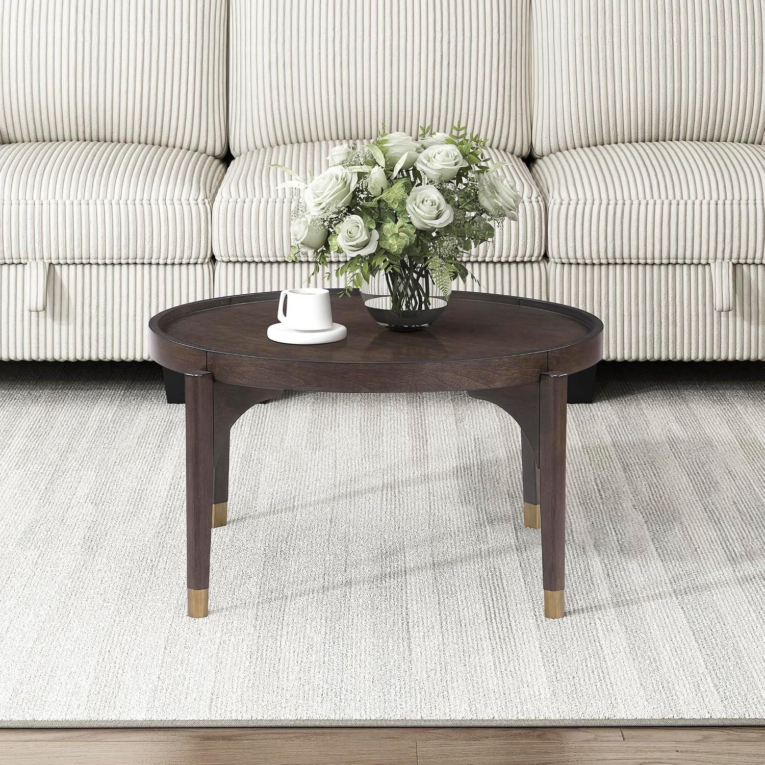 Lexicon Round Wood Coffee Table with Gold Metal Cap, 36' Dia. Mid Century Modern Round Birch Wood Veneer Accent Table for Contemporary Living Room, Easy Assembly, Dark Brown
