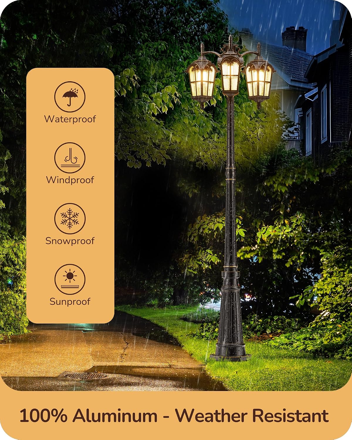 EDISHINE Outdoor Lamp Post Light 3-Head, Thickened Aluminum Dusk to Dawn Street Light Post with Water Ripple Glass, Retro Roman Pole Lighting Fixture for Backyard Garden Patio Driveway