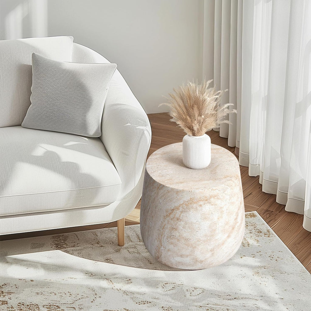 Empire Art Direct Barrel Travertine Stone Finish Italian Design MgO Side Accent Table, Living Room, Bedroom & Office, 18.8'x18.8'x16.1'