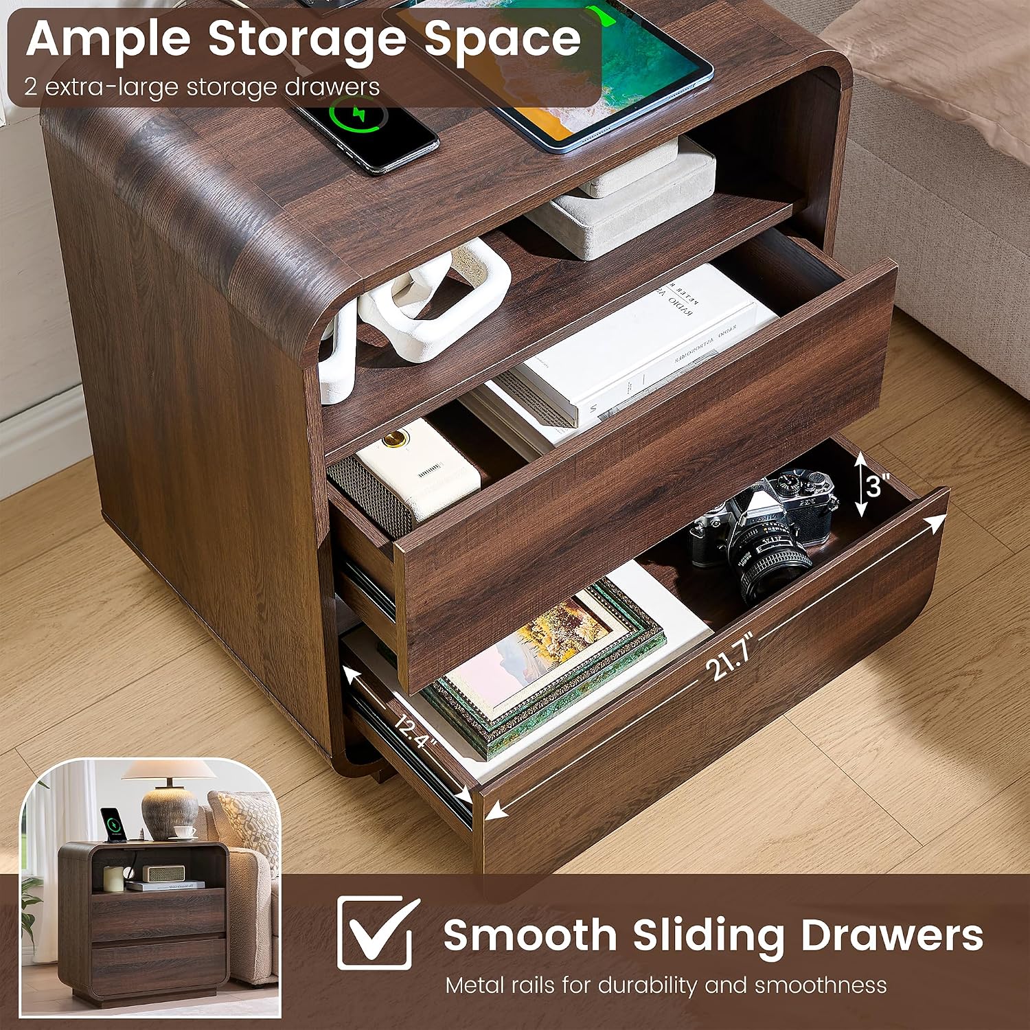 Standifurno Walnut Curved Nightstand Set of 2 with Charging Station, 23.2' Wide Wood Bedside Table 2 Storage Drawers, Modern Side Table Handleless, Large End Table Night Stand for Bedroom