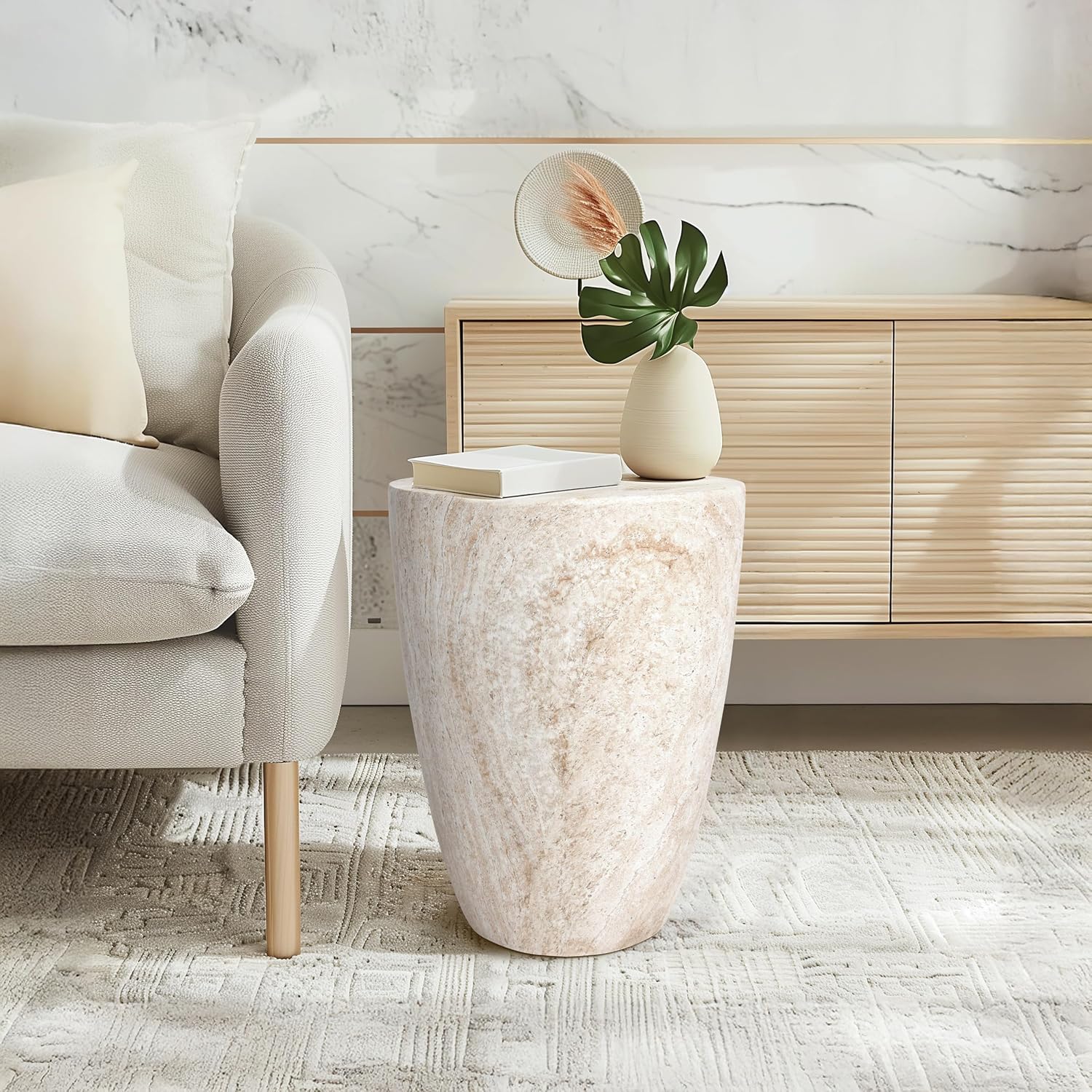 Empire Art Direct Tapered Travertine Stone Finish Italian Design MgO Side Accent Table, Living Room, Bedroom & Office, 14.5'x14.5'x18.3'