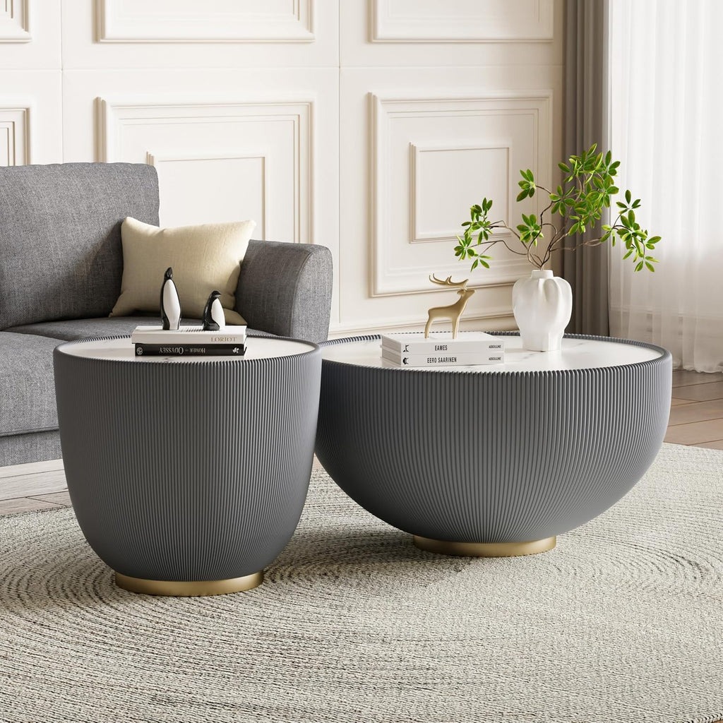 Modern Round Coffee Table Set of 2 Luxury Sintered Stone Top Coffee End Table in Grey Leatherette Creative Bowl-Shape Small Coffee Side End Tables for Living Room,Fully Assembled
