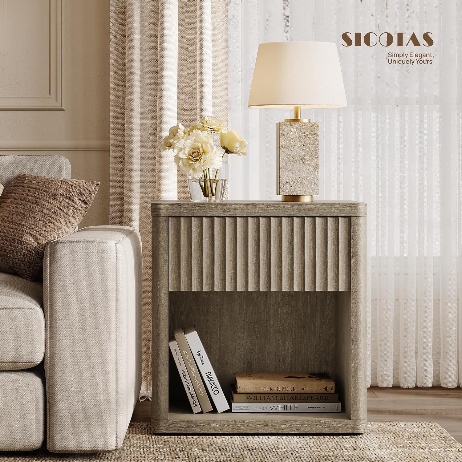 SICOTAS Night Stand Set of 2 Nightstands with Drawer Storage Fluted Bed Side Table End Table Large Modern Wide Bedside Stand Mid Century Night Stands for Bedroom Living Room Sofa Office, Grey Alder