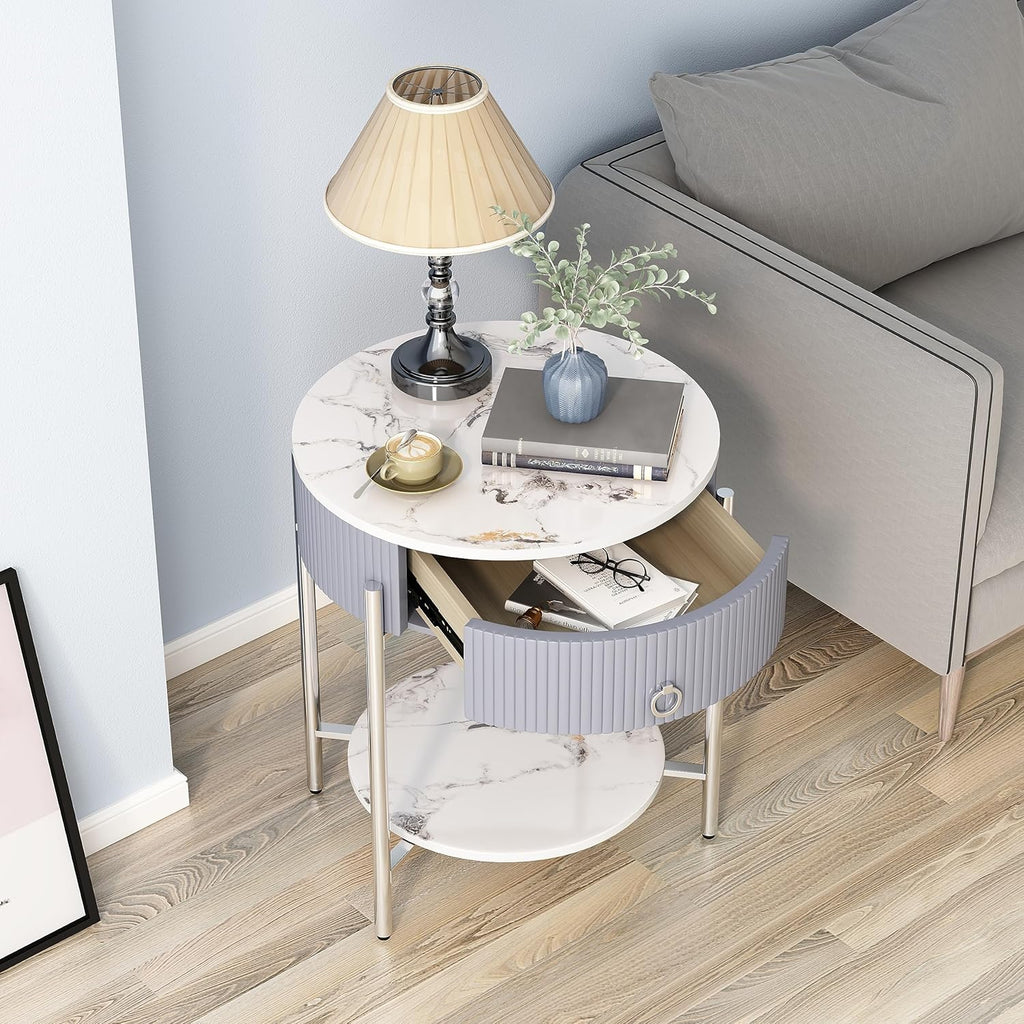 OIOG Round Side Table with Drawer, Modern Nightstand with Shelf and Chrome Finish Metal Legs, 2 Tier End Table for Living Room, Bedroom, Office, Marbling Natural Stone/Silver