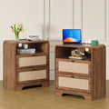 Nightstand with Drawers Set of 2, Mid-Century Living Room Wood End Table with Charging Station for Couch, Night Stand with Charger Station, Linen Decor Side Table for Bedroom