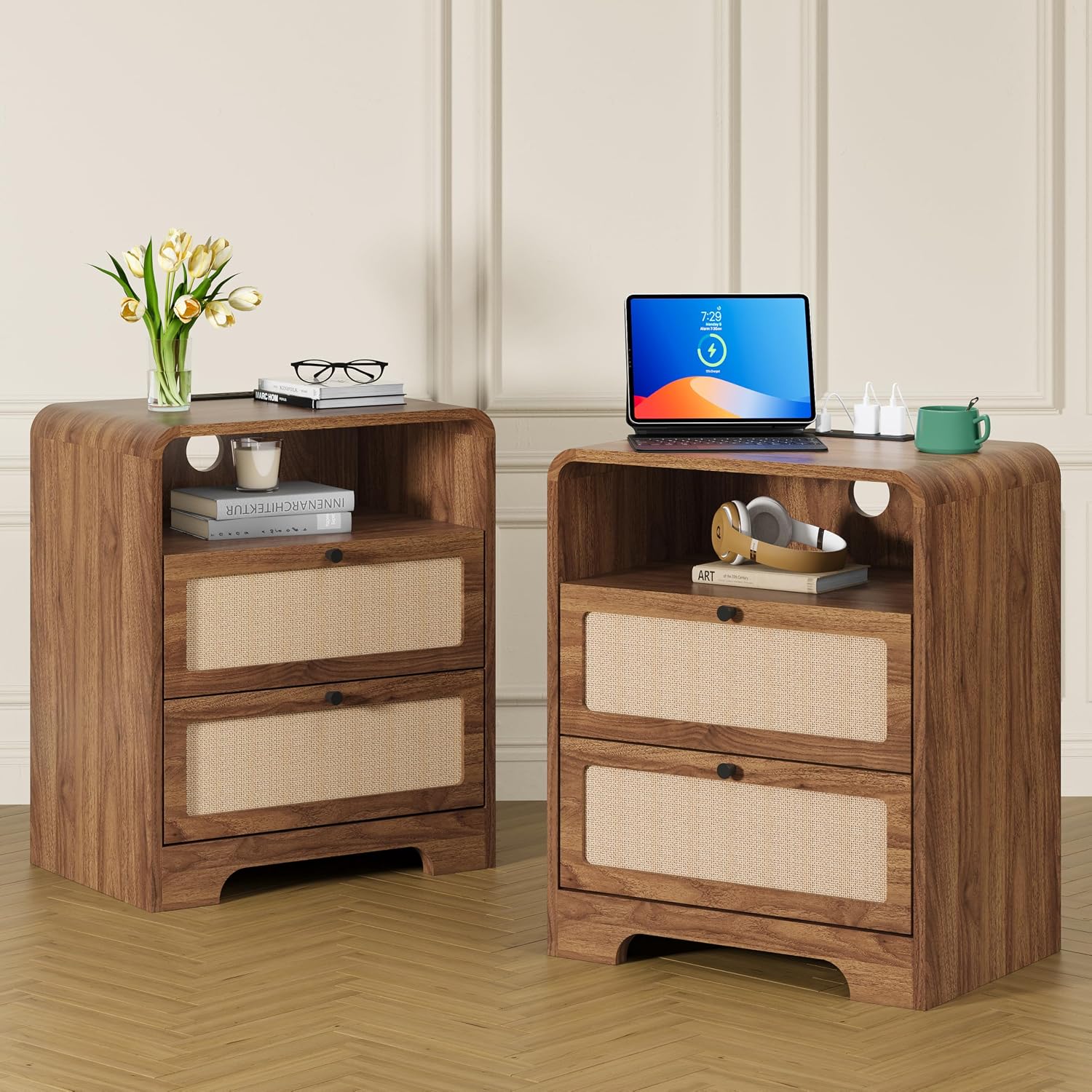 Nightstand with Drawers Set of 2, Mid-Century Living Room Wood End Table with Charging Station for Couch, Night Stand with Charger Station, Linen Decor Side Table for Bedroom