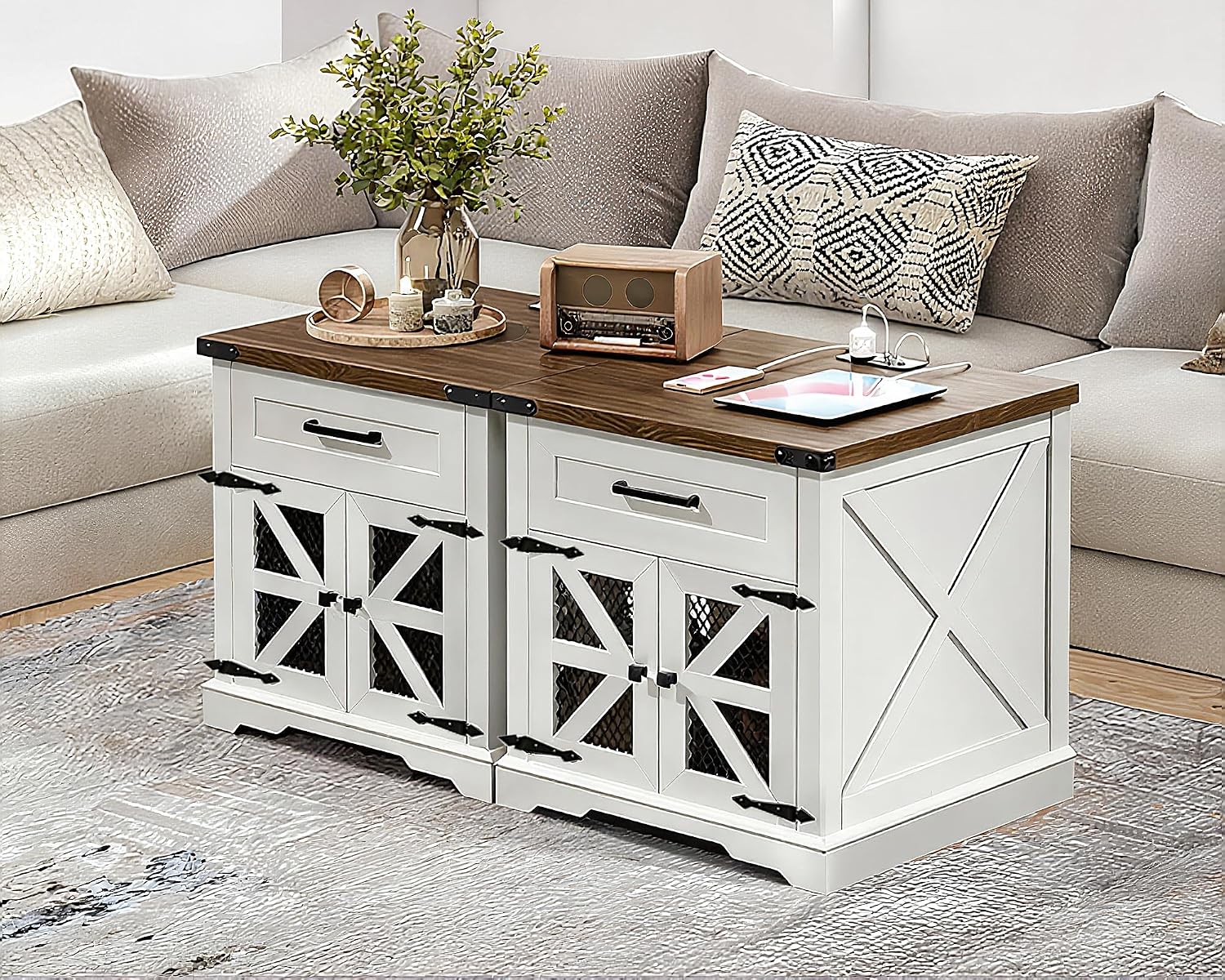 RALGEND White Farmhouse End Table with Charging Station, 24' Large Sofa Side Table with Drawer, Large End Table for Living Room, Wooden Nightstand with Outlet, Square, White and Walnut