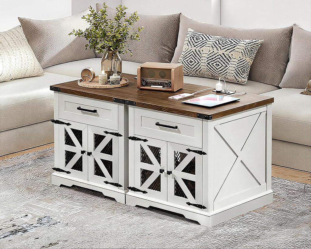 RALGEND White Farmhouse End Table Set of 2, 24' Large Sofa Side Table with Drawer, Large End Table for Living Room, Wooden Nightstand with Charging Station, Square, White and Walnut