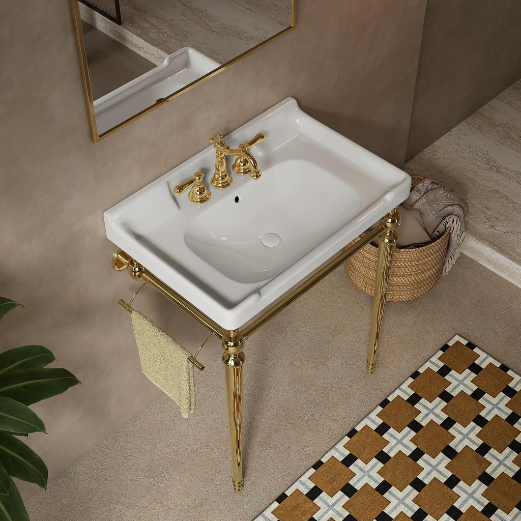 28' Ceramic Bathroom Vanity with Sink, Bathroom Cabinet Organizer with Towel Bar, Bathroom Vanities with Stable Support for Daily Bathroom Use, Gold,White