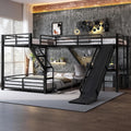 Bellemave Triple Bunk Beds, L-Shape Twin XL Over Queen Bunk Bed Attached a Loft Bed with Desk, Triple Bunk Bed with Slide and USB Ports, Metal Corner Bunkbed Frame for Three Boys Girls Teens, Black