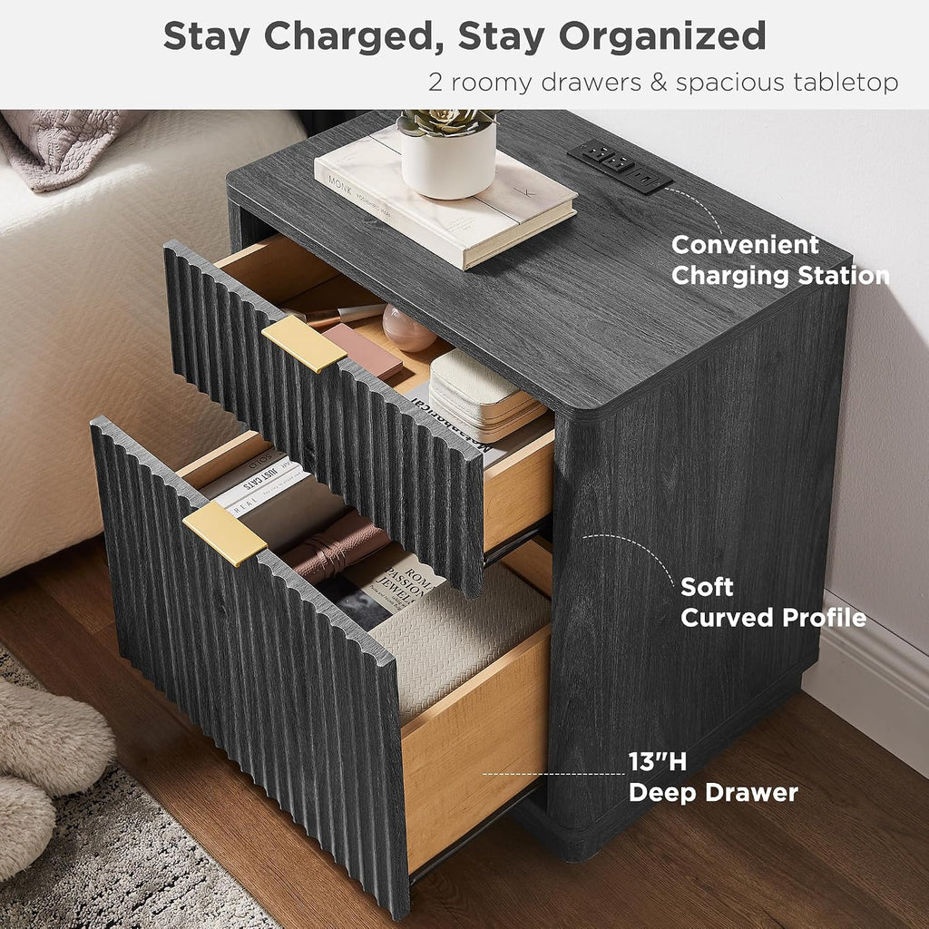 T4TREAM 23'' Fluted Nightstand with Charging Station, Large 2 Drawer Side Table, Modern End Table with Storage, Mid Century Bedside Table for Bedroom, Living Room, Curved Profile, Dark Alder