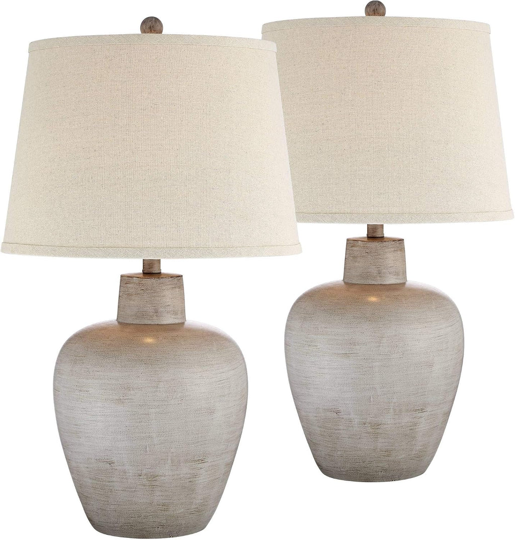 Regency Hill Glenn Rustic Country Cottage Style Table Lamps 27' Tall Set of 2 Southwest Urn Neutral Fabric Drum Shade Decor for Living Room Bedroom House Bedside Nightstand Home Office