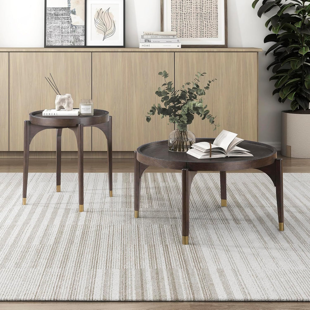 Lexicon Wood Round End Table with Gold Metal Cap, 36' Dia. Mid Century Modern Round Birch Wood Veneer Sofa Side Table for Contemporary Living Room, Easy Assembly, Dark Brown