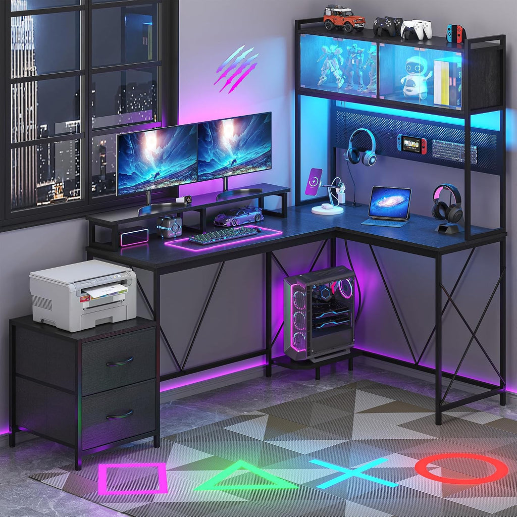 kepptory L Shaped Gaming Desk with 2 Drawers and Hutch, Home Office Computer Desk with Computer Stand and Pegboard, Corner Desk with Printer Desktop&Power Outlet, Black