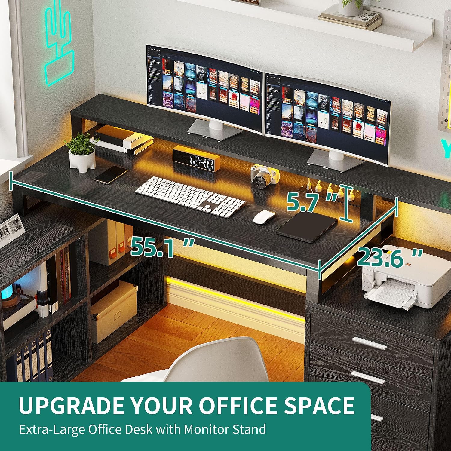 YITAHOME L Shaped Desk with 3 Drawers, 65' Corner Computer Desk with Power Outlets & LED Lights, L-Shaped Desk with File Cabinet & Printer Stand for Home Office, Black