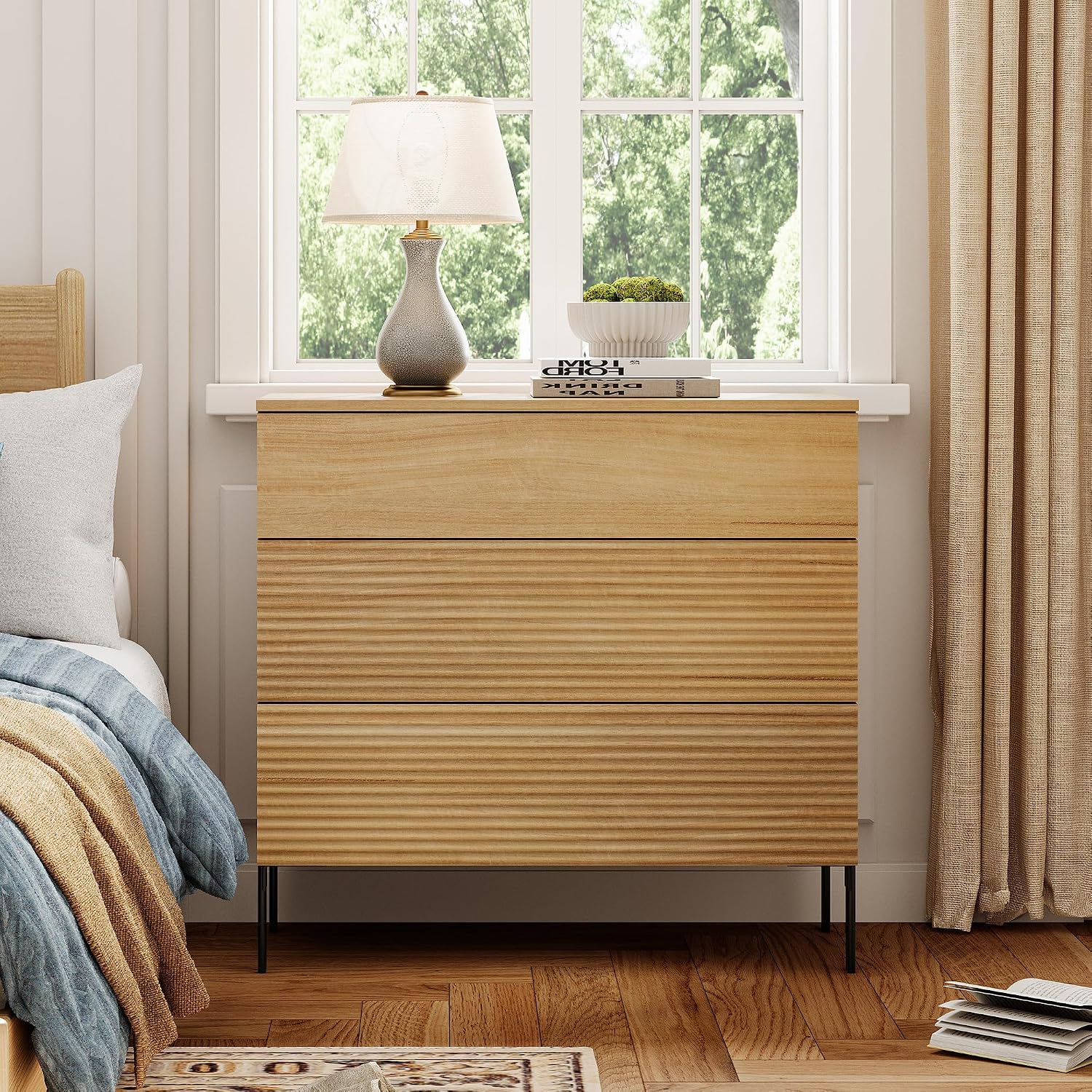 WAMPAT 30.2' Tall Fluted Nightstand with 3 Large Drawers, Mid Century Nightstand End Table with Hidden Handle, Wooden Bedside Table with Storage for Bedroom, Oak