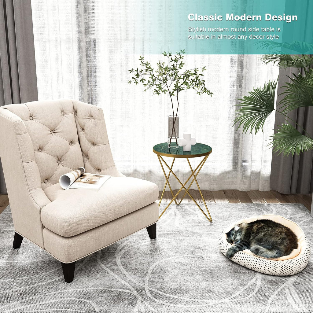 HLR Modern Round Side Table Set of 2, End Table with Marble Effect Top and Gold Metal Frame, Small Side Table for Living Room, Bedroom, Sofa and Couch, Gold Legs, Green Marble top