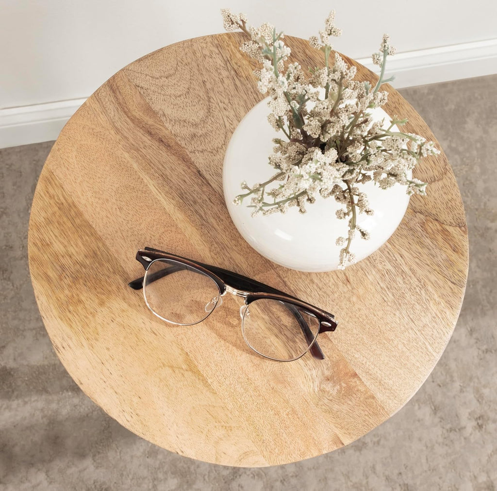Kate and Laurel Dahl Wooden Round Drink Table; 12 x 23; Natural Brown; Transitional Boho Circle Wood Accent Pedestal Table for Living Room Plant Stand or Small Bedroom Nightstand