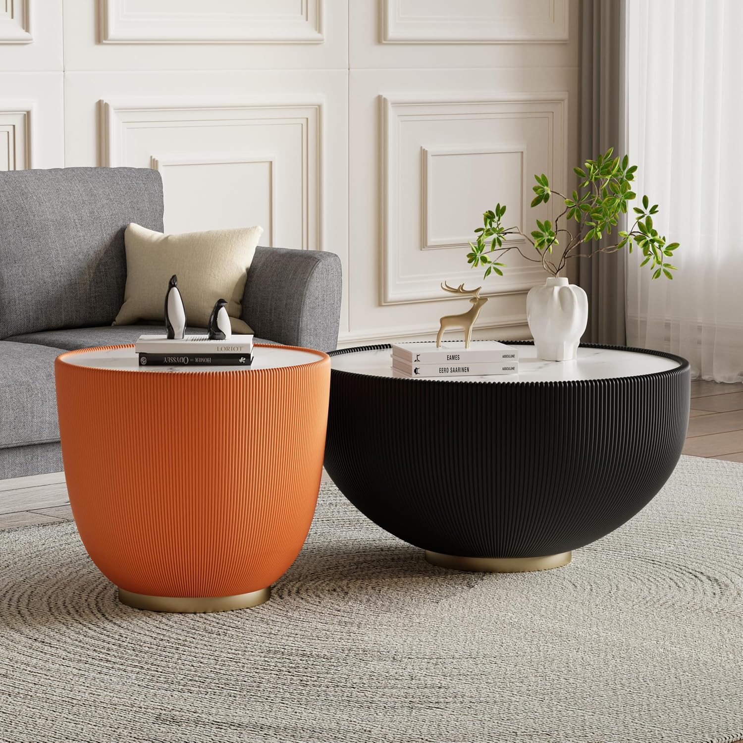Modern Round Coffee Table Set of 2 Luxury Sintered Stone Top Coffee End Table in Black/Orange Leatherette Creative Bowl-Shape Small Coffee Side End Tables for Living Room Bedroom