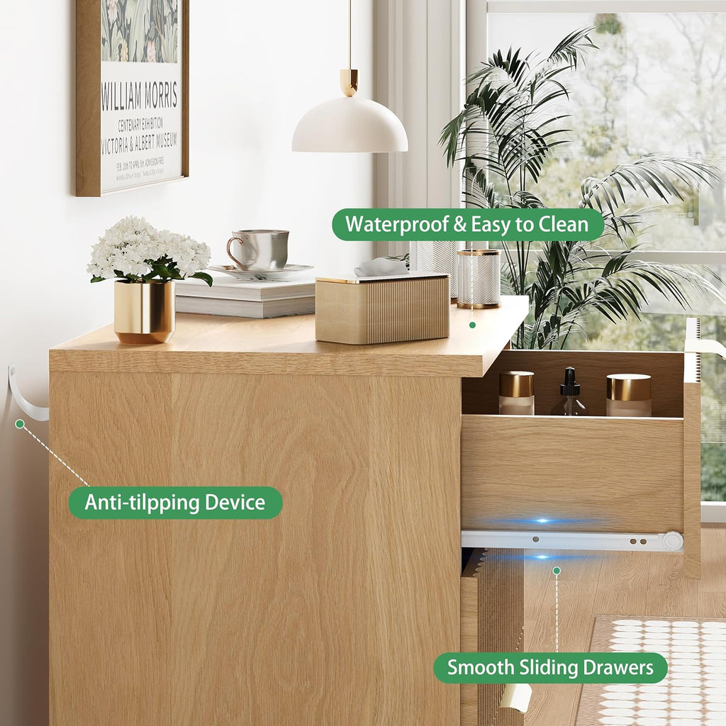 Fluted Nightstand, 31.5' Wide Side Table with 4 Large Storage Drawers, Mid Century Modern Wood Night Stand with Metal Handle, Wooden Bedside End Table for Bedroom, Living Room, Closet, Natural Oak