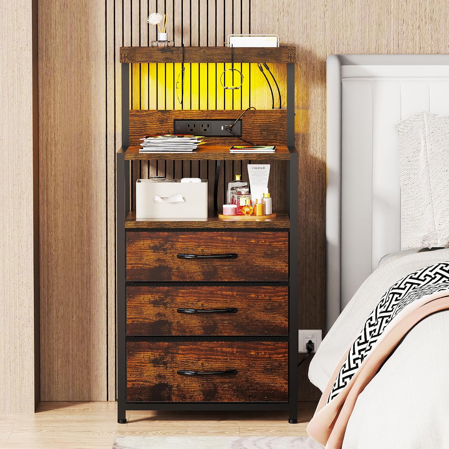 SZLHANJZ Nightstands Set of 2 with Outlet and USB C Port, Bedroom Night Stand with Led Lights and 3 Fabric Drawers, Matching Bedside Tables with Hooks, Vintage Style Storage End Tables, Rustic Brown