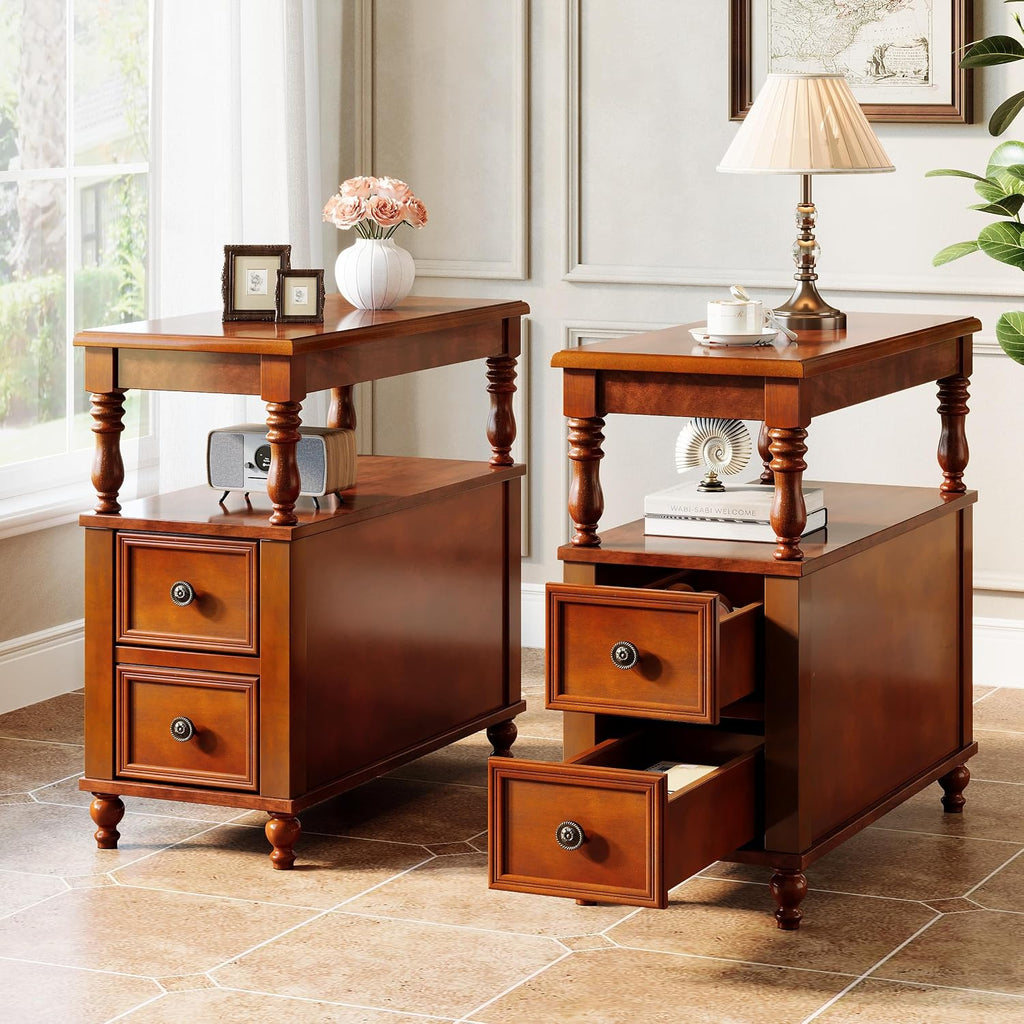 Tribesigns Wood End Table with 2 Drawers, Mid-Century Wooden Slim Side Table Nightstands with Storage Shelf, Accent Table for Living Room, Easy to Assemble (Walnut)