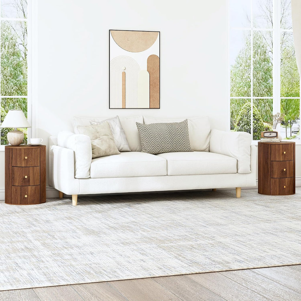 FurSch Fully Assembled Round End Table with 3 Storage Drawers Set of 2, Mid Century Fluted Side Table for Living Room Bedroom Sofa (Walnut-2 pcs)