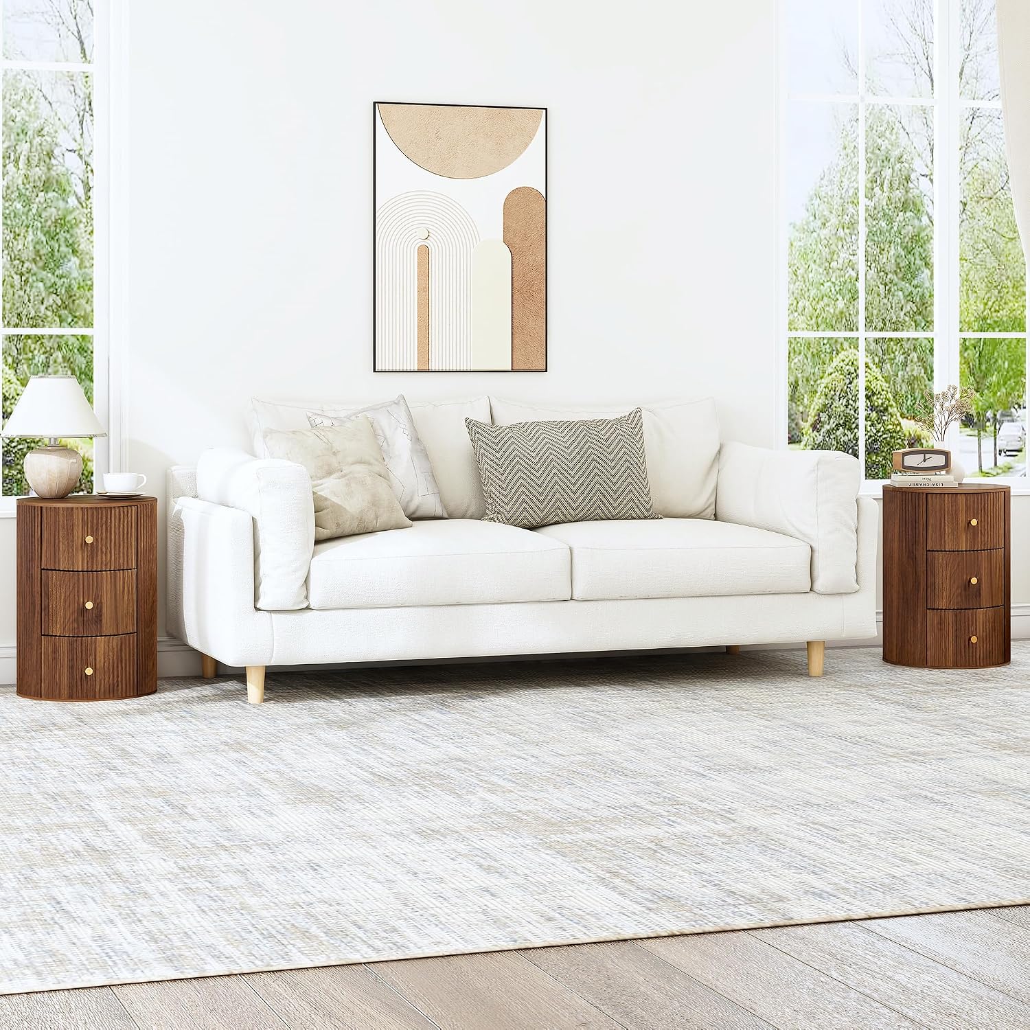 FurSch Fully Assembled Round End Table with 3 Storage Drawers Set of 2, Mid Century Fluted Side Table for Living Room Bedroom Sofa (Walnut-2 pcs)