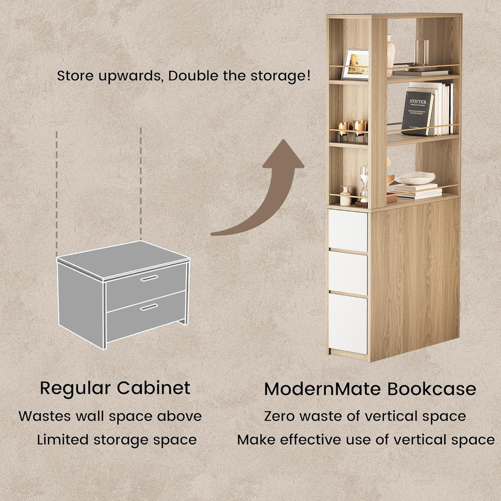 ModernMate 71' Tall Corner Bookshelf with 3 Drawers, Narrow Bookcase | 3-Tier Double-Sided Slim Bookcase for Small Space, Display Storage Shelves for Living Room, Home Office, Study, Light Walnut