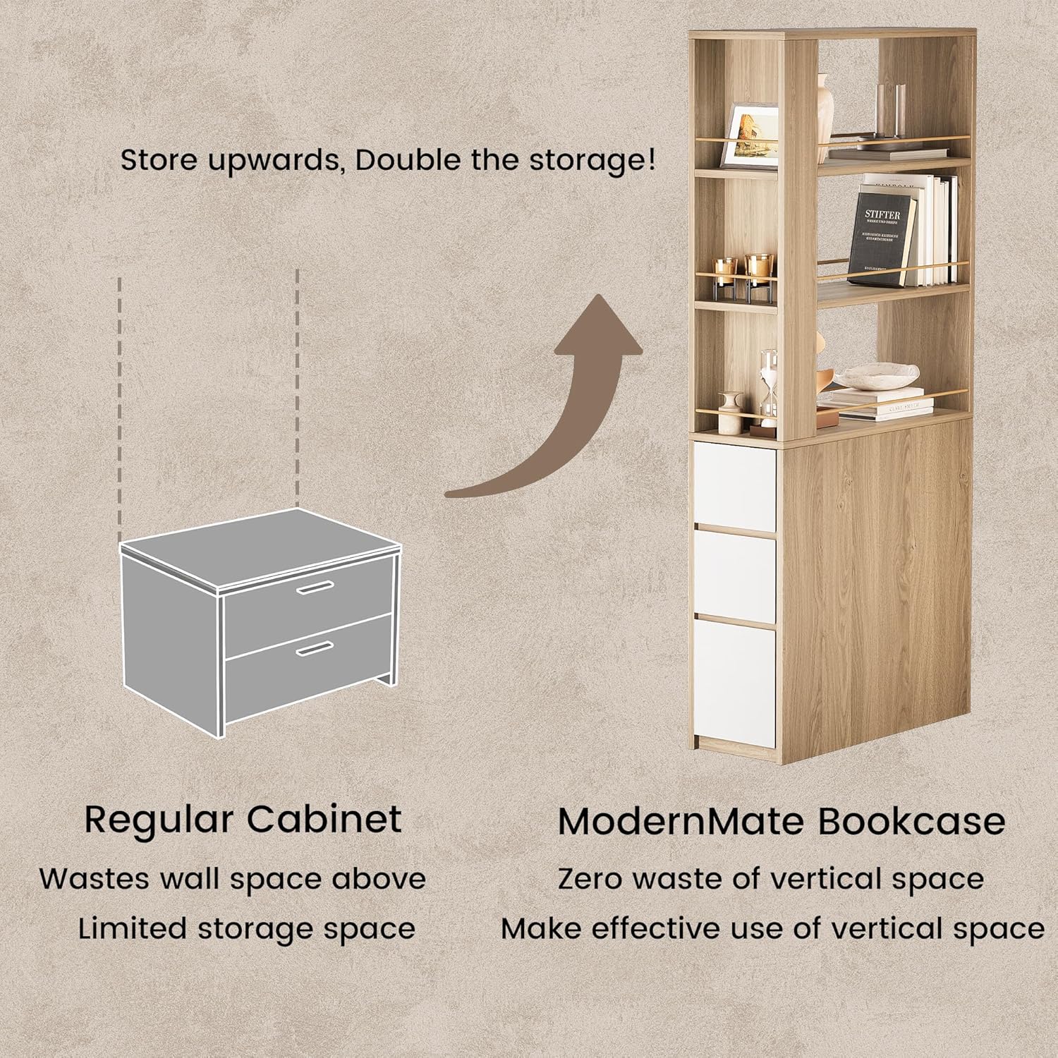 ModernMate 71' Tall Corner Bookshelf with 3 Drawers, Narrow Bookcase | 3-Tier Double-Sided Slim Bookcase for Small Space, Display Storage Shelves for Living Room, Home Office, Study, Light Walnut