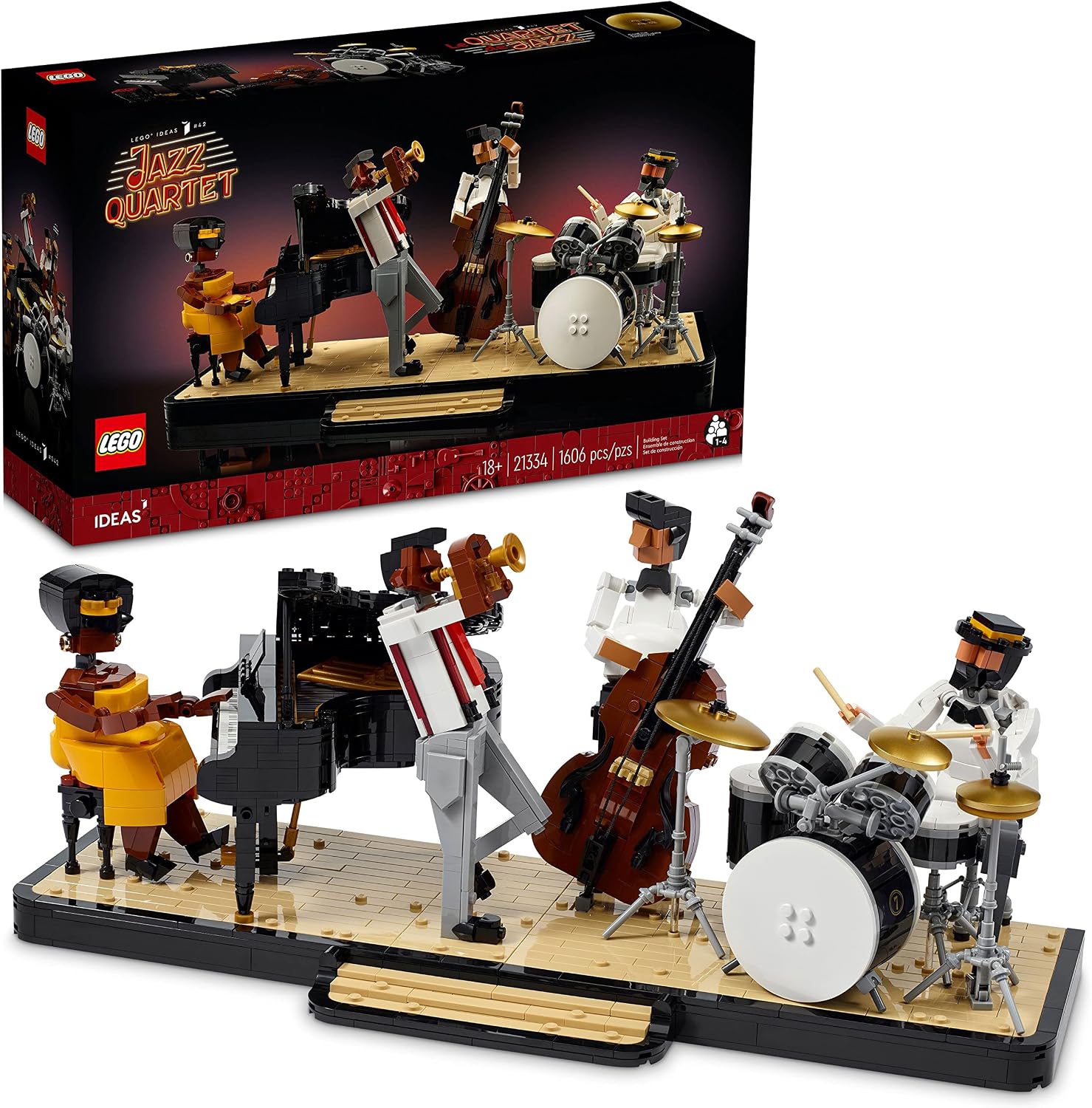 LEGO Ideas Jazz Quartet, Building Set for Adults Featuring Buildable Stage with 4 Band Musician Figures, Includes Piano, Double Bass, Trumpet, and Drum Kit Instruments, Great for Home Display, 21334