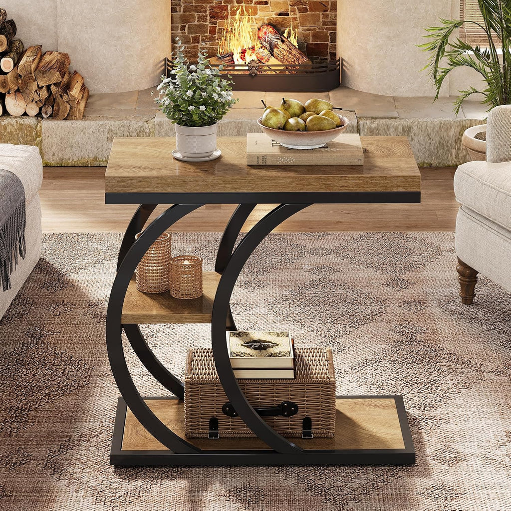 Tribesigns End Table Set of 2, 3-Tier Narrow Wood Couch C-Shaped Side Table with Storage, Industrial Nightstand for Bedroom, Small Spaces, Natural