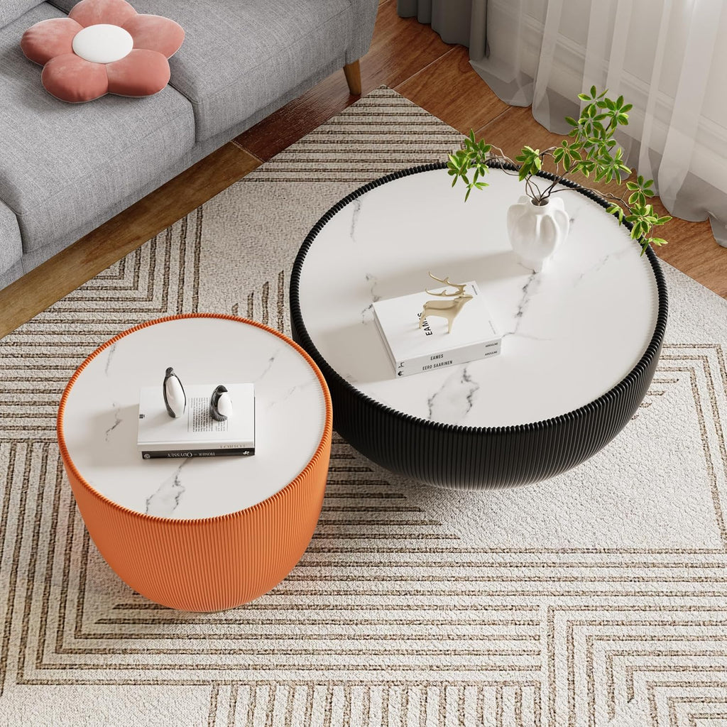Modern Round Coffee Table Set of 2 Luxury Sintered Stone Top Coffee End Table in Black/Orange Leatherette Creative Bowl-Shape Small Coffee Side End Tables for Living Room Bedroom