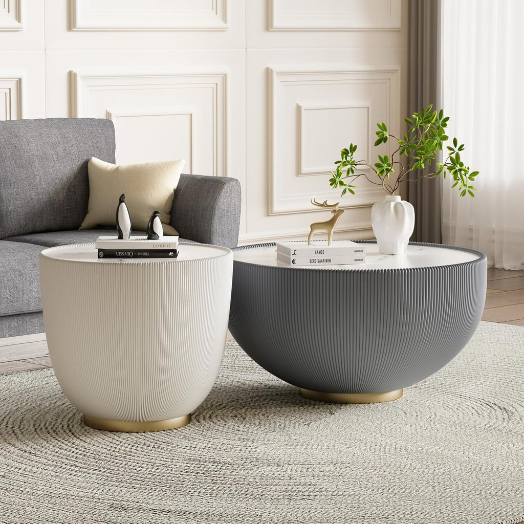 Modern Round Coffee Table Set of 2 Luxury Sintered Stone Top Coffee End Table in Grey/White Leatherette Creative Bowl-Shape Small Coffee Side End Tables for Living Room,Fully Assembled