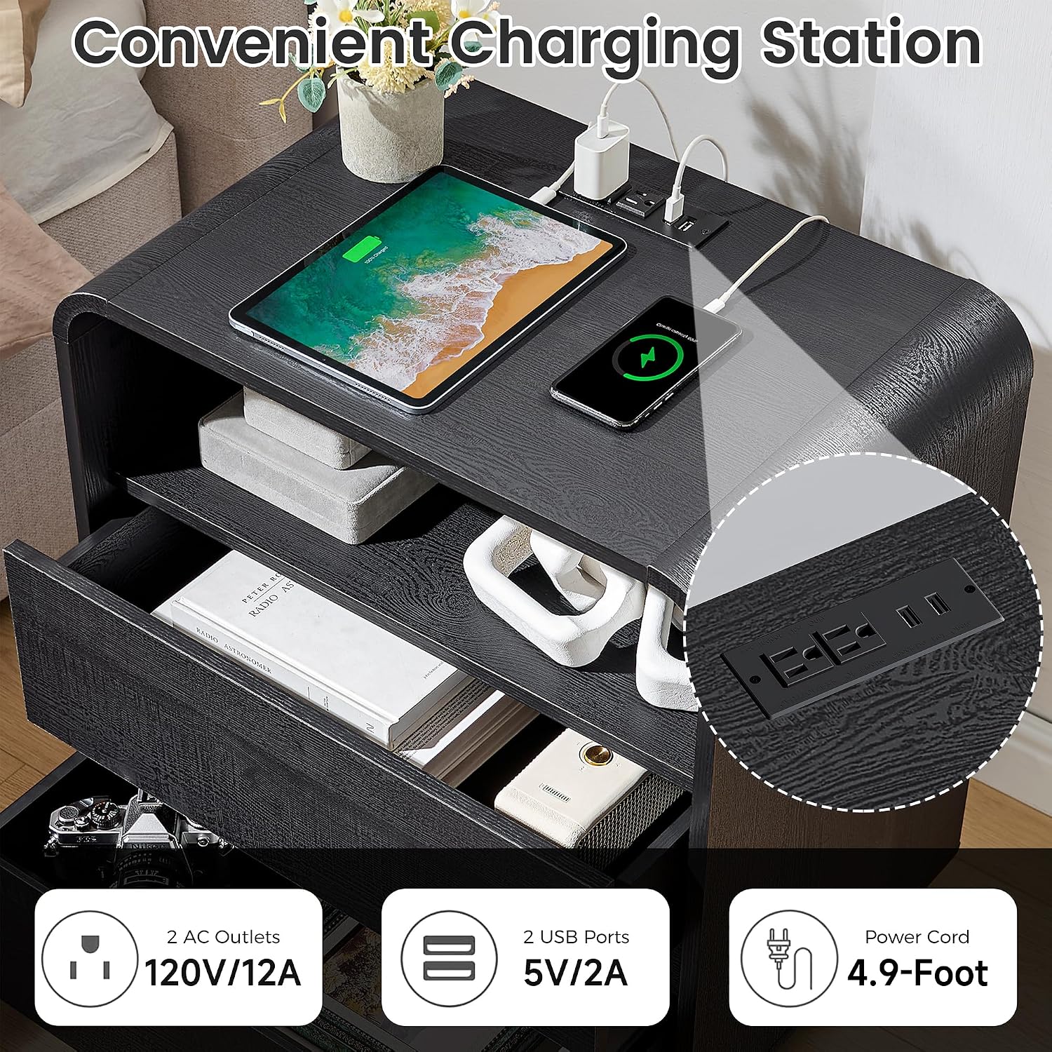 Standifurno Curved Black Nightstand with Charging Station, 25' Tall Wood Night Stand, Modern Bedside Table with 2 Storage Drawers, End Table for Bedroom, Dorm, Sofa, Office