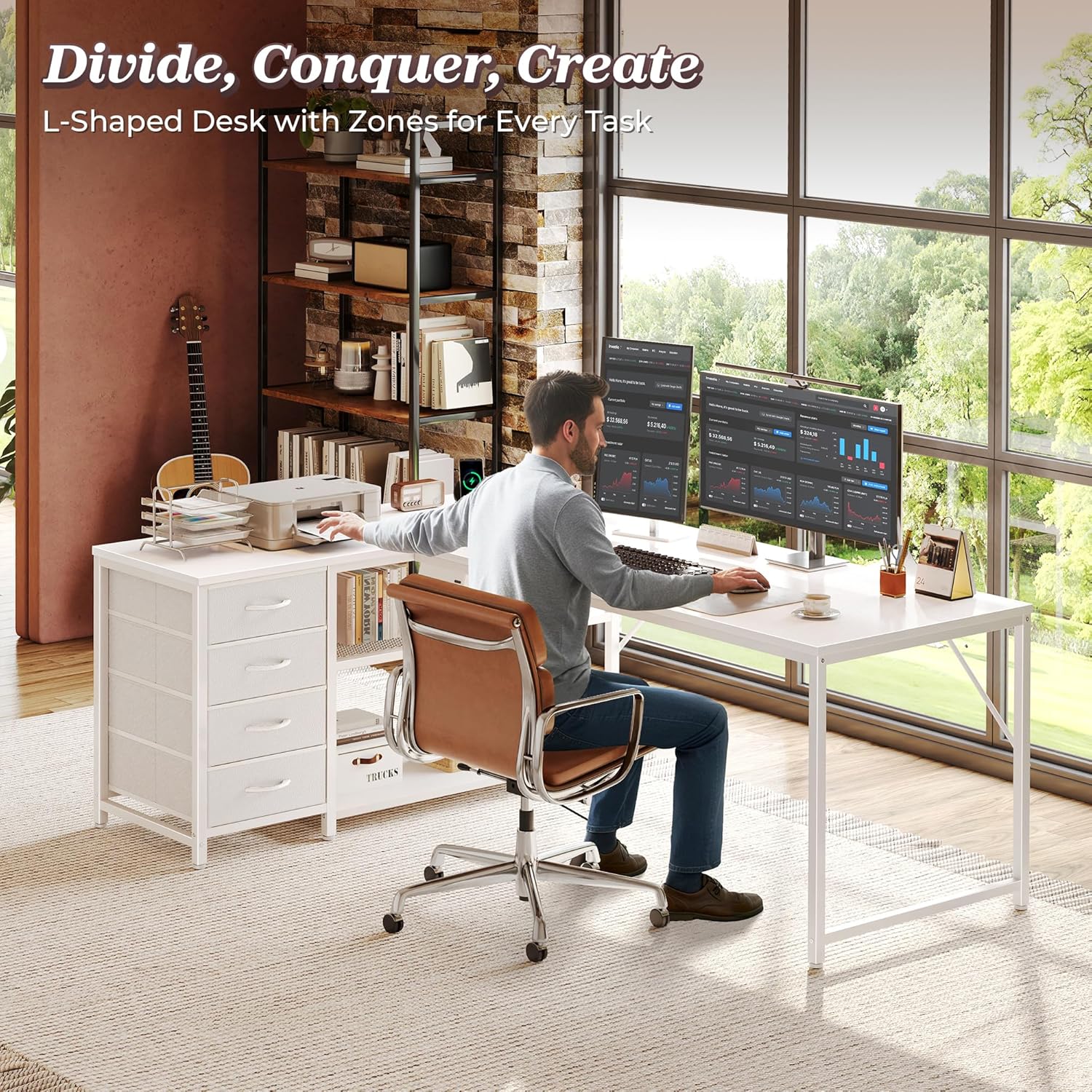 PRAISUN 61' L Shaped Desk with Power Outlets & USB-C Port, Reversible Computer Corner Office Desk with 4 Fabric Drawers and 2 Storage Shelves, Large Desk for Gaming Writing Study, White