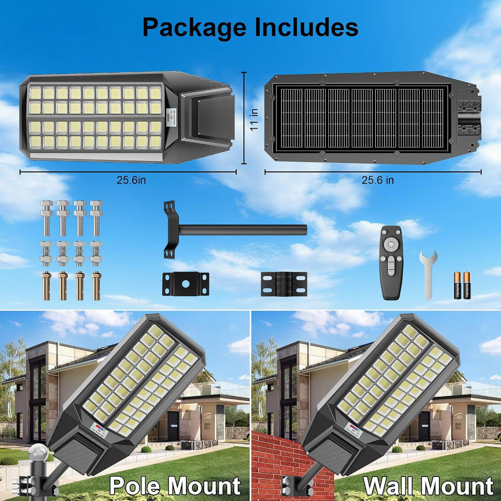 loyoele Utral-Large Solar Street Light 4 Pack，Solar Flood Lights Outdoor,Waterproof Motion Sensor LED Lights,Dusk to Dawn Lights with Remote, Solar-Powered Parking Lot Light,Commercial Area Lighting