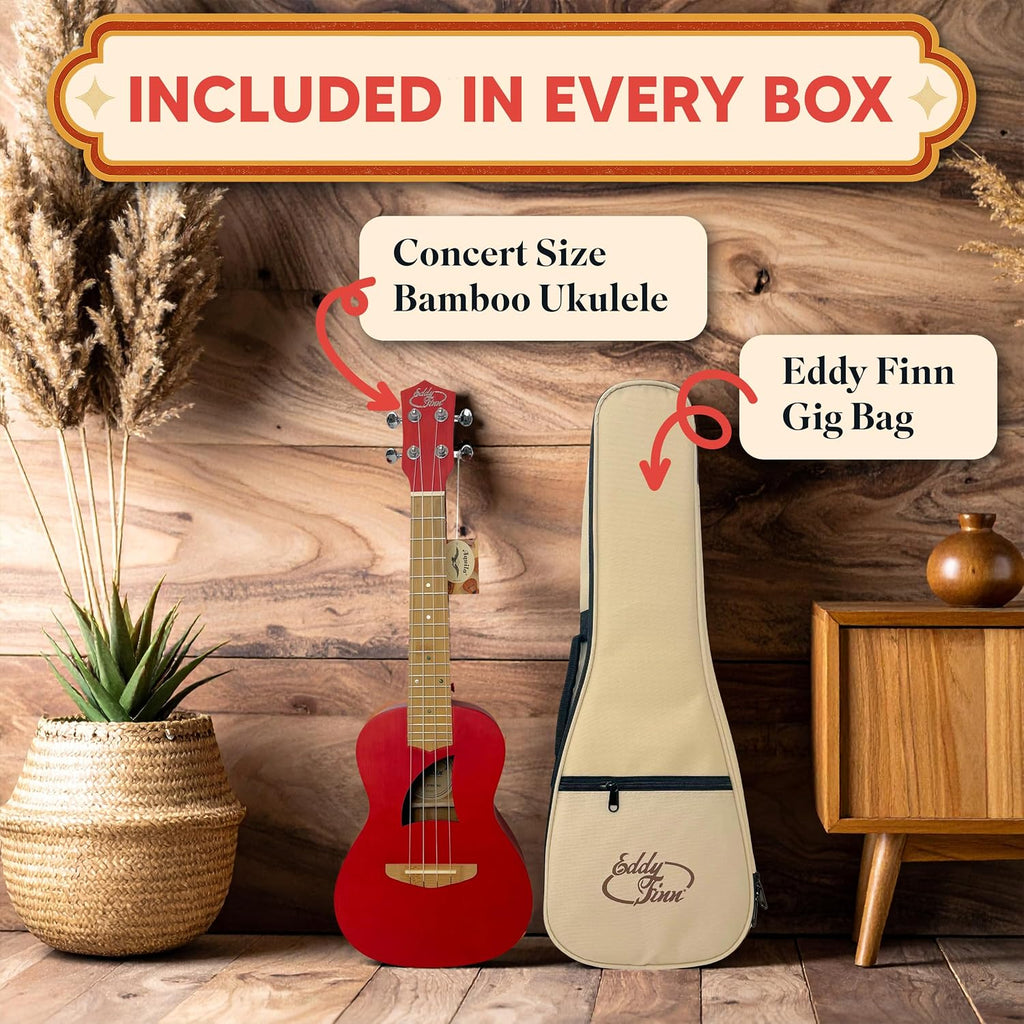 Bamboo Beach Concert Ukulele for Adults, Beginner and Professional Musical Instrument, Travel-Friendly with Gig Bag, Transparent Red