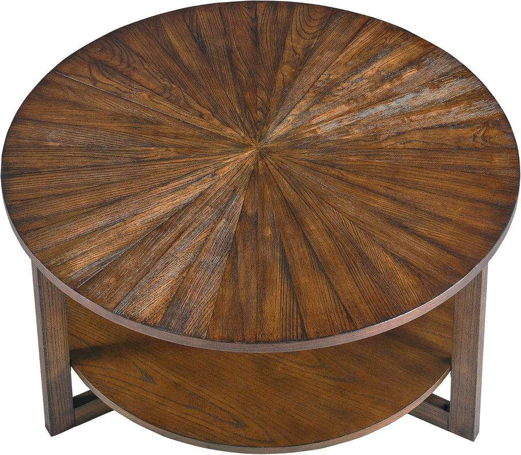 33.5' Round Coffee Table with Storage Shelf, Solid Wood Living Room Table with Umbrella Shaped Top, Farmhouse Center Cocktail Table for Office, Easy Assembly, Vintage Brown KFZ3338NC