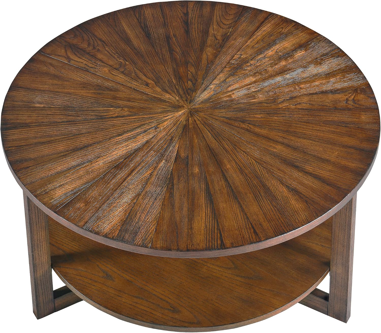 33.5' Round Coffee Table with Storage Shelf, Solid Wood Living Room Table with Umbrella Shaped Top, Farmhouse Center Cocktail Table for Office, Easy Assembly, Vintage Brown KFZ3338NC