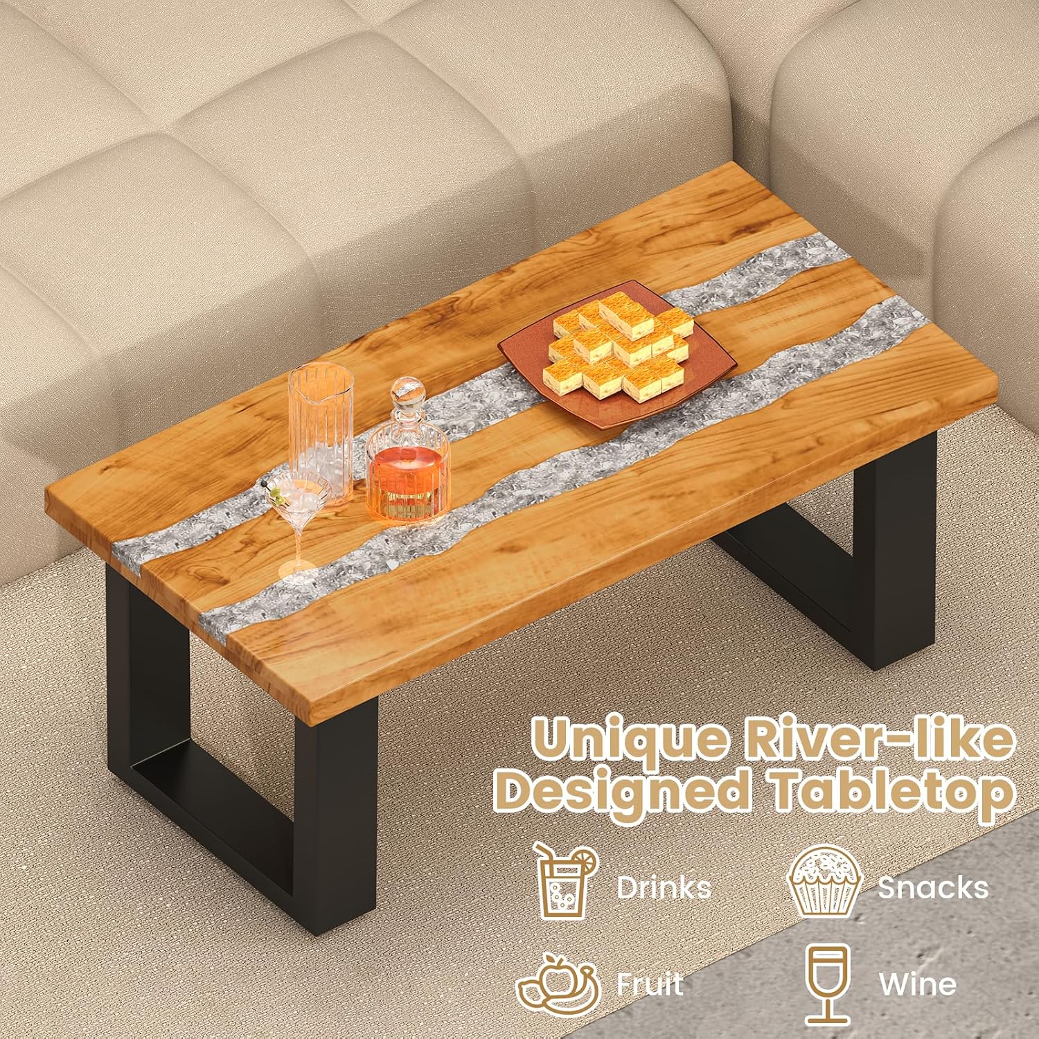 Giantex Teak Outdoor Coffee Table, Rectangular Resin Side Table with River Feel Epoxy Tabletop, Indoor Outdoor Solid Wood Center Table, Patio Table for Living Room, Poolside, Backyard