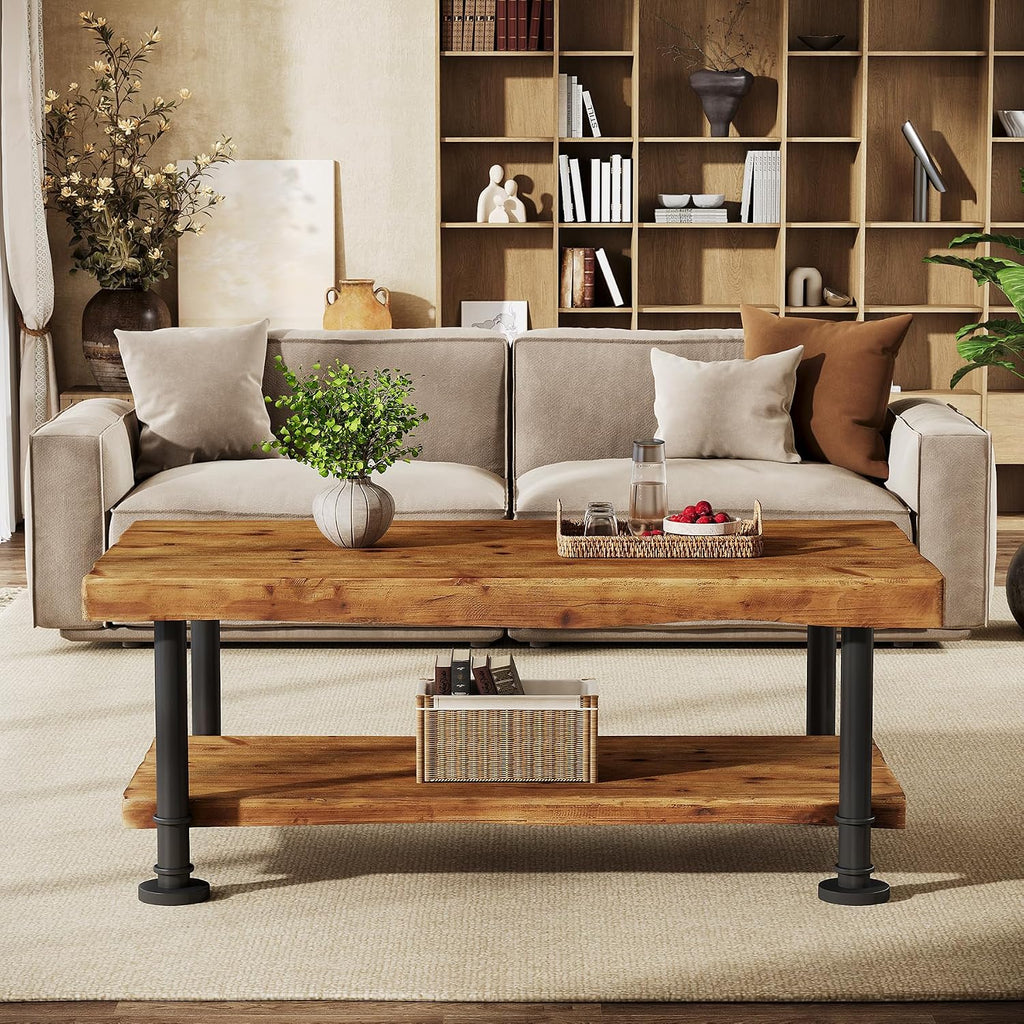 47' Coffee Table, Farmhouse Solid Wood Accent Center Table with 2-Tier Live Edge Shelf & Metal Legs, Rectangular Low Cocktail Tea Furniture for Living Room, Lounge, Brown and Black