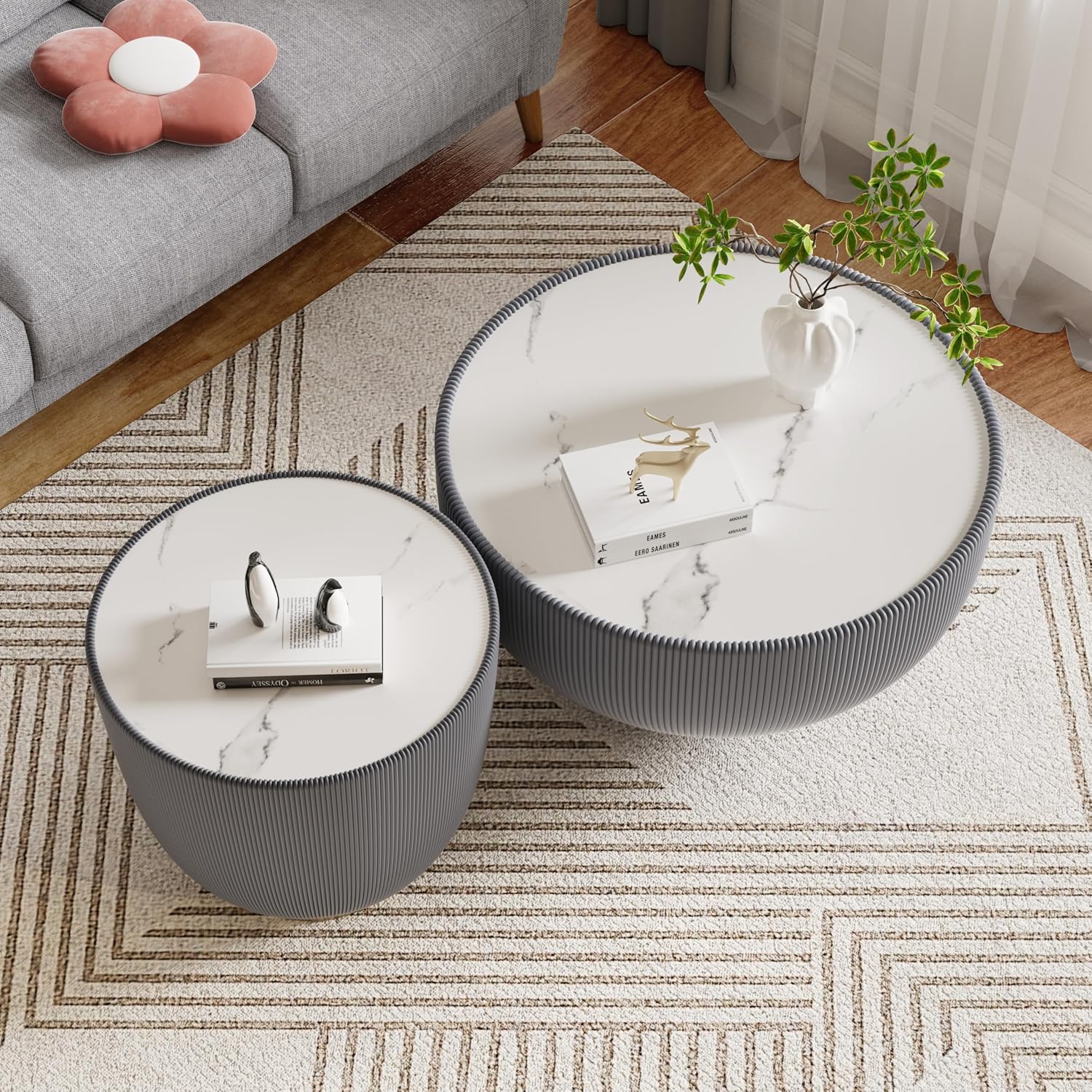 Modern Round Coffee Table Set of 2 Luxury Sintered Stone Top Coffee End Table in Grey Leatherette Creative Bowl-Shape Small Coffee Side End Tables for Living Room,Fully Assembled