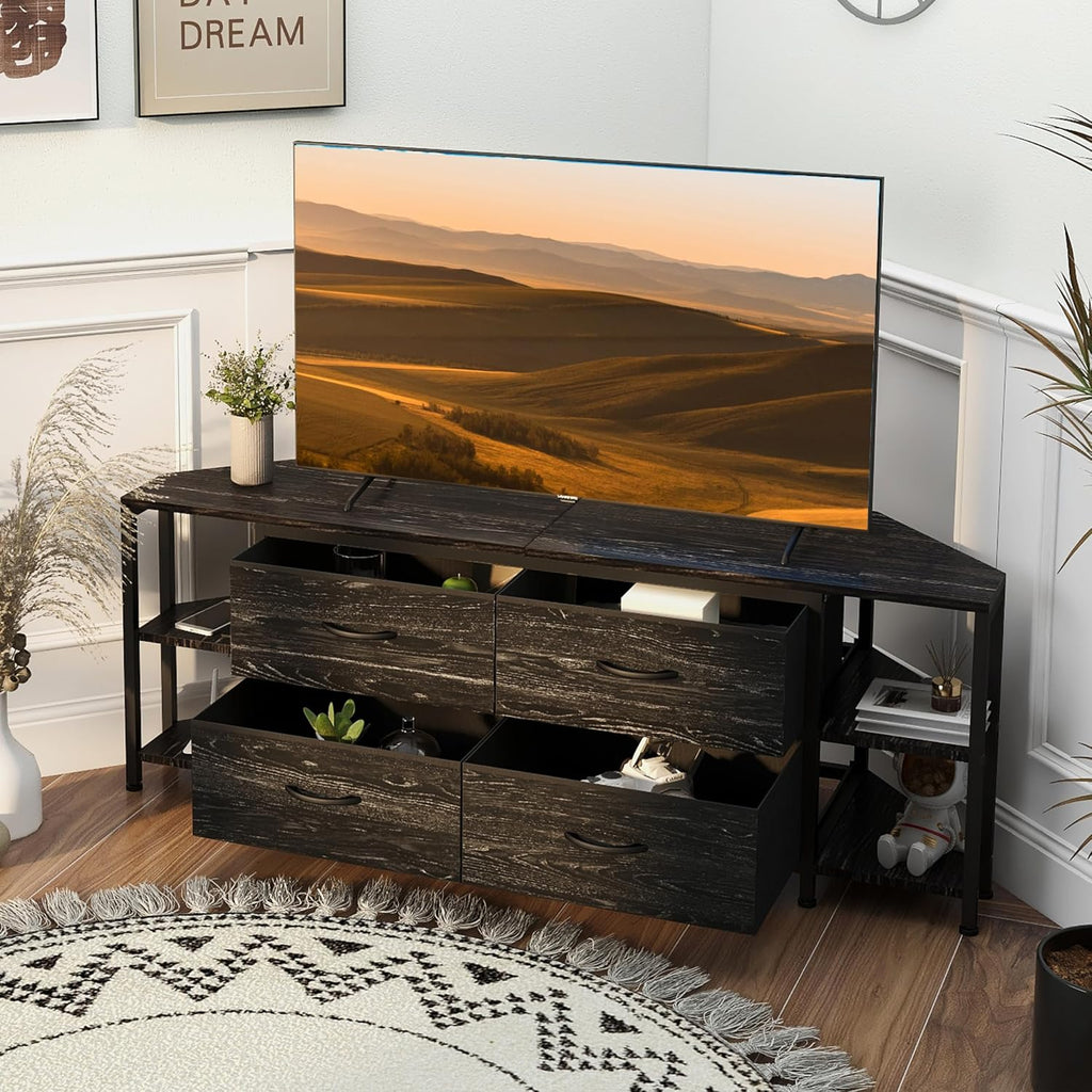 EXOTICA Corner TV Stand for 55 inch TV with Drawer and Charge Station Black Corner Entertainment Center for Living Room Modern Corner Console Table with 4 Open Storage Shelves Metal Frame