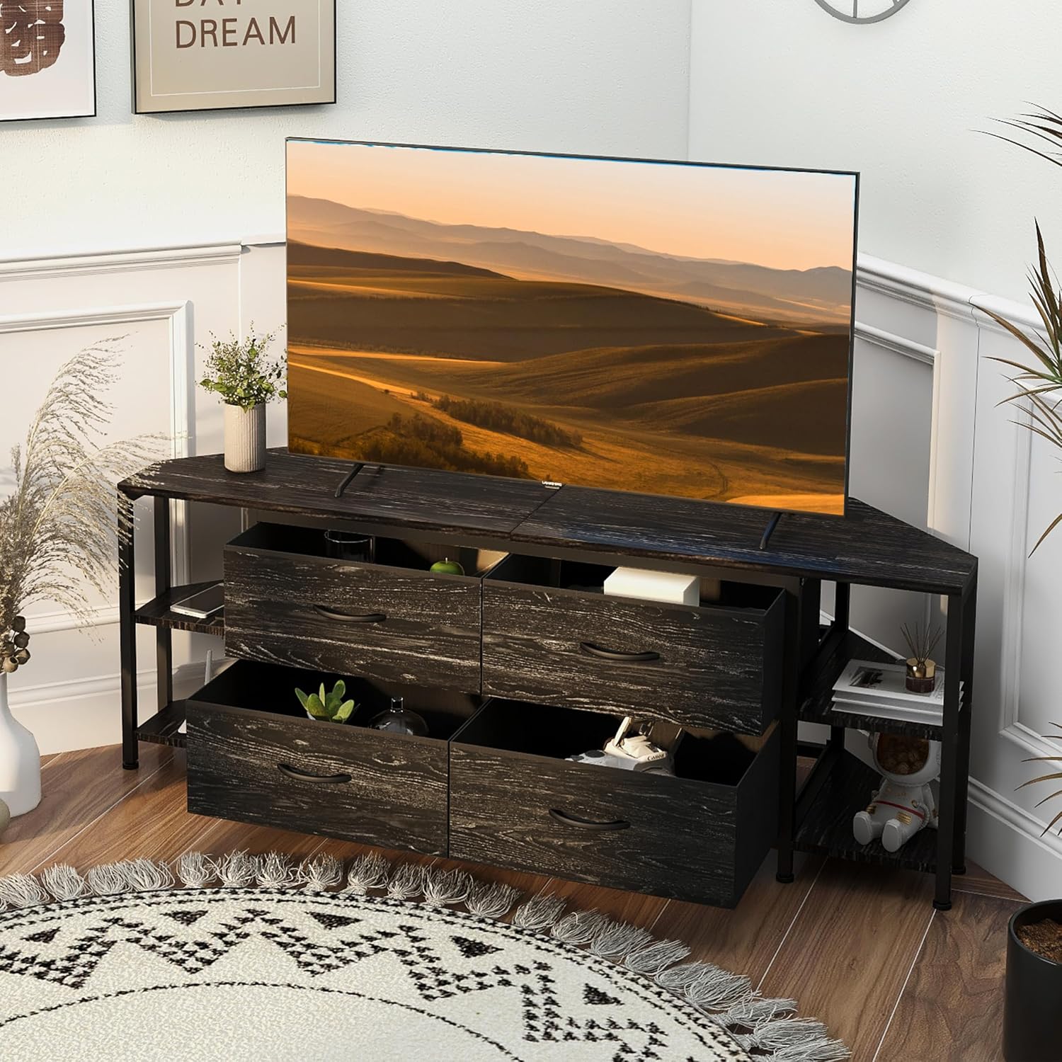 EXOTICA Corner TV Stand for 55 inch TV with Drawer and Charge Station Black Corner Entertainment Center for Living Room Modern Corner Console Table with 4 Open Storage Shelves Metal Frame