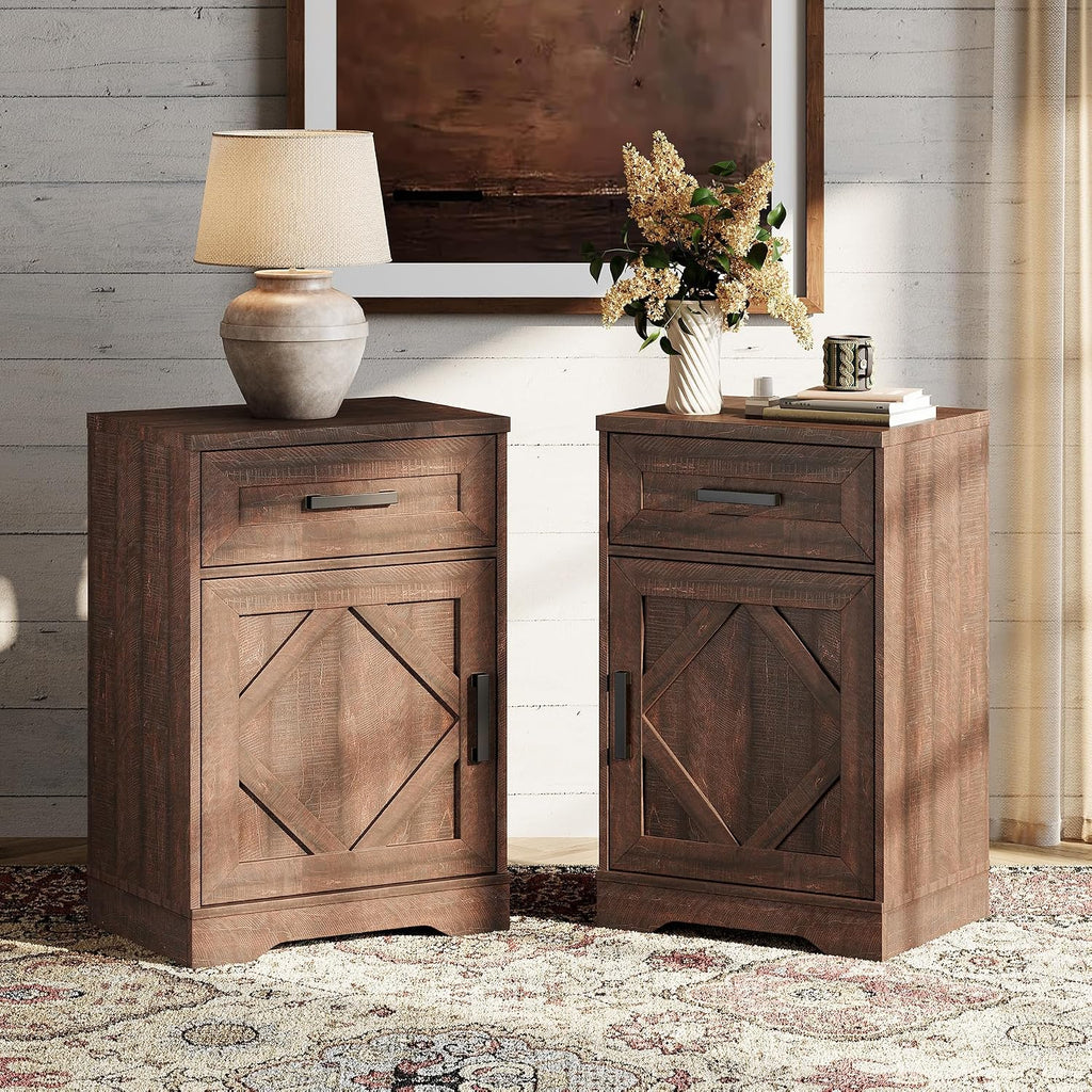 WAMPAT 2 Pack End Table with 1 Drawer & Barn Door, Farmhouse Sofa Side Table, Modern 31.9 inch Tall Nightstand Set of 2 with Adjustable Storage Shelf, Accent Cabinet for Living Room,Rustic Brown