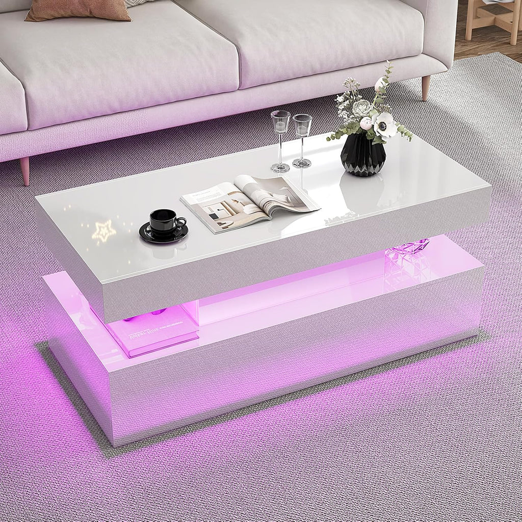 VanAcc 4-Piece Living Room Table Set, 70' Fireplace TV Stand with High Gloss Doors, Modern Coffee Table, LED Light End Table,High Glossy Table Sets for Living Room, White & Black